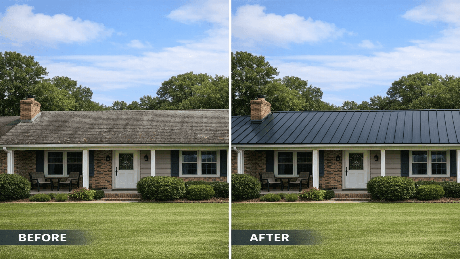 Before and after photos of a ranch-style Mississippi home showing worn three-tab asphalt shingles replaced with charcoal gray standing seam metal roofing