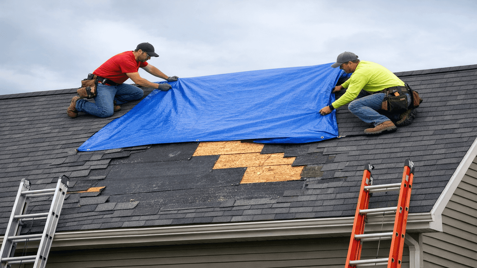 Two roofing contractors applying a blue emergency tarp over a large section of storm-damaged residential roof where wind has removed multiple rows of asphalt shingles
