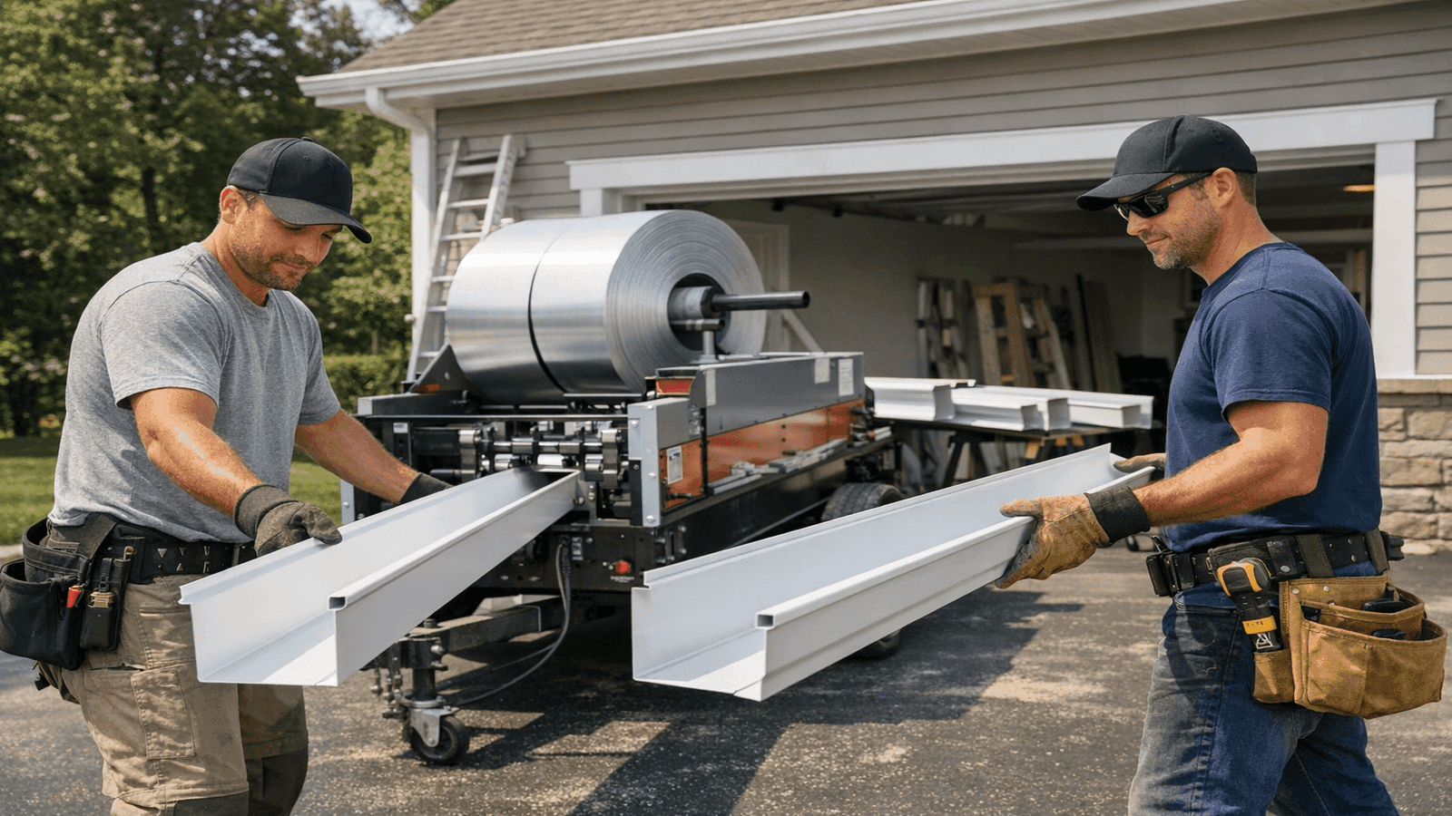 Roofing crew operating a portable roll-forming machine to produce seamless aluminum gutters on-site at a suburban home