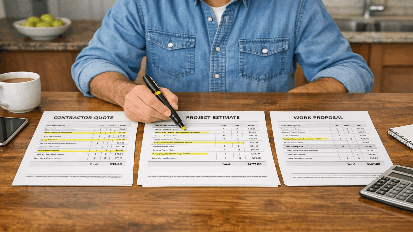 Homeowner seated at kitchen table reviewing three contractor proposal documents side by side, highlighting line items with a pen