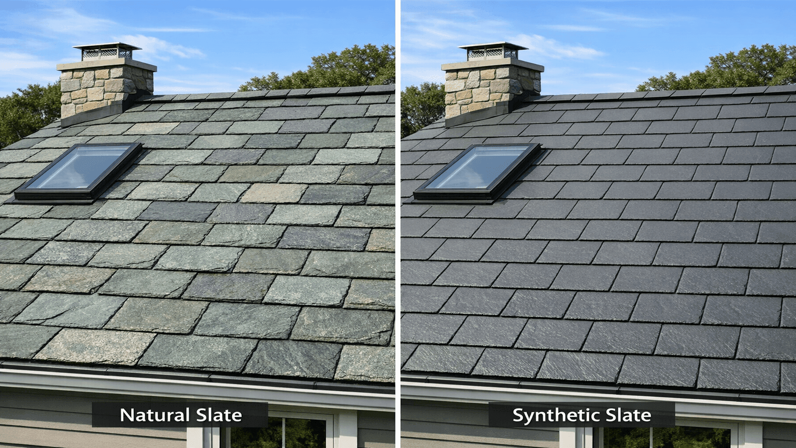 Side-by-side comparison of natural quarried slate and synthetic polymer slate roofing panels showing texture and color differences on a residential roof