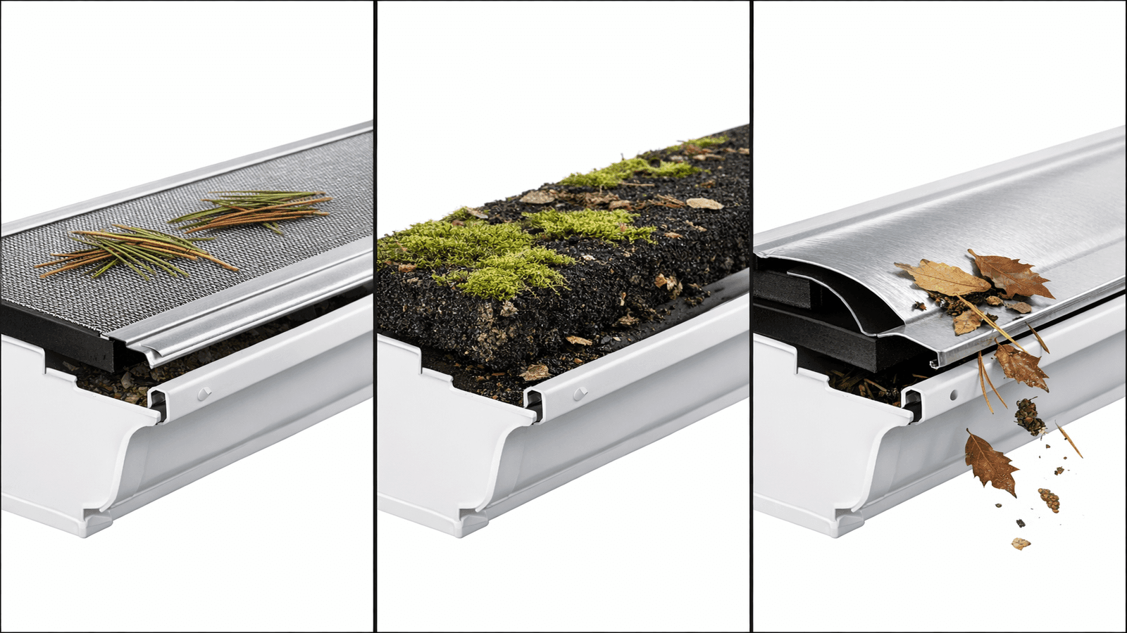 Side-by-side comparison of micro-mesh gutter guard, foam insert, and reverse-curve guard showing debris performance differences