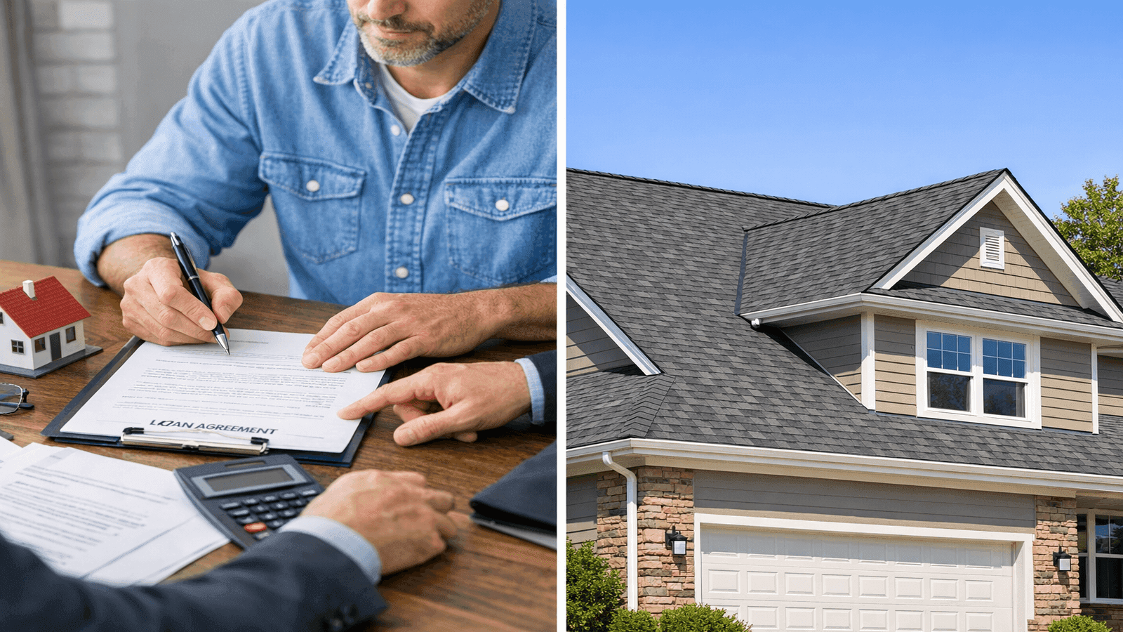Split image: left side shows homeowner reviewing roof financing paperwork with a lender; right side shows completed new architectural shingle roof on the same home