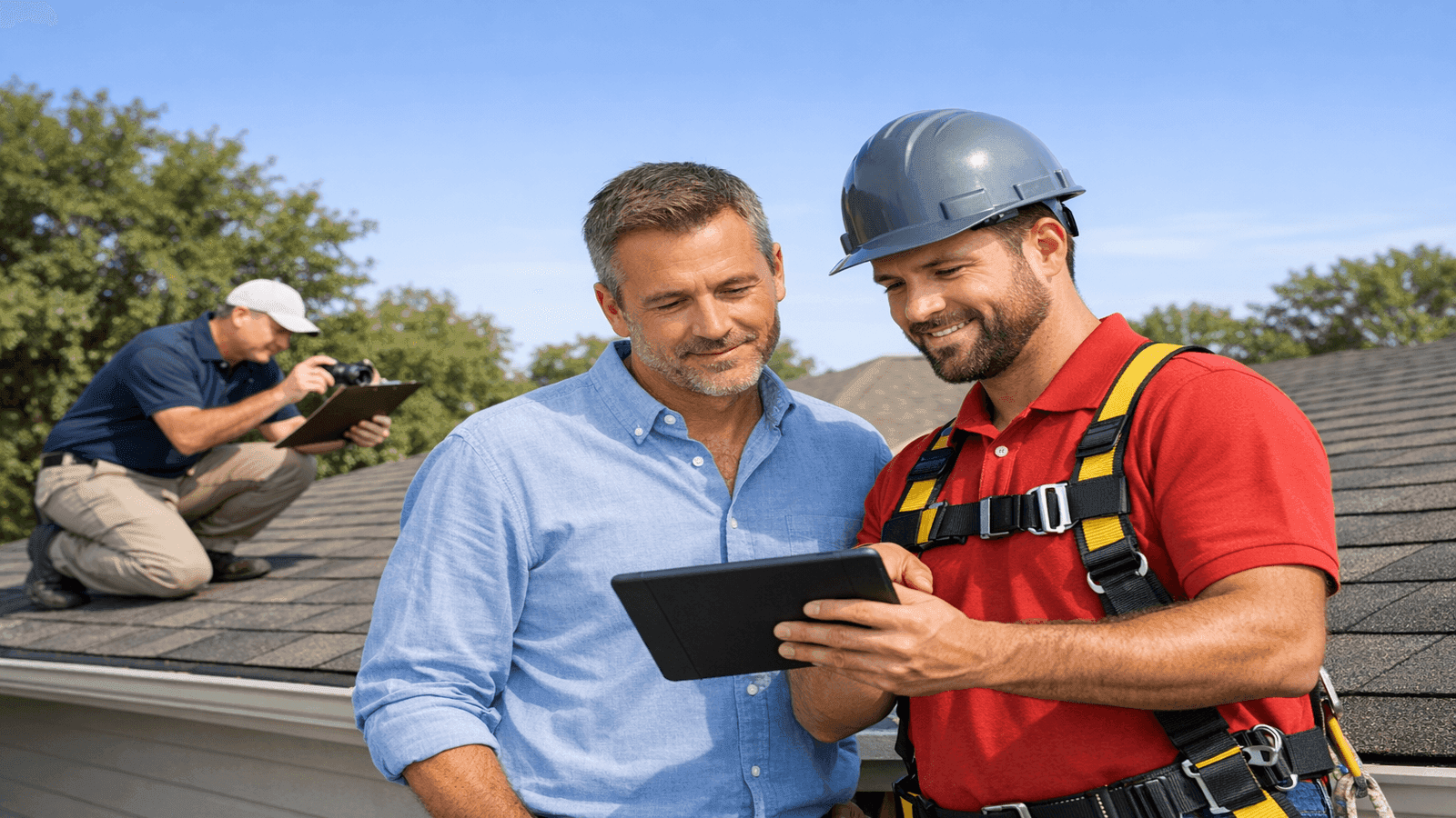 Homeowner and roofing contractor reviewing storm damage documentation on a tablet while an insurance adjuster photographs roof damage in the background during a post-storm inspection
