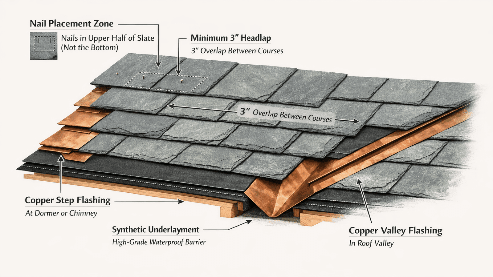 Annotated diagram showing proper slate roof installation technique including nail placement zones, overlap dimensions, copper flashing at valley, and synthetic underlayment layering sequence