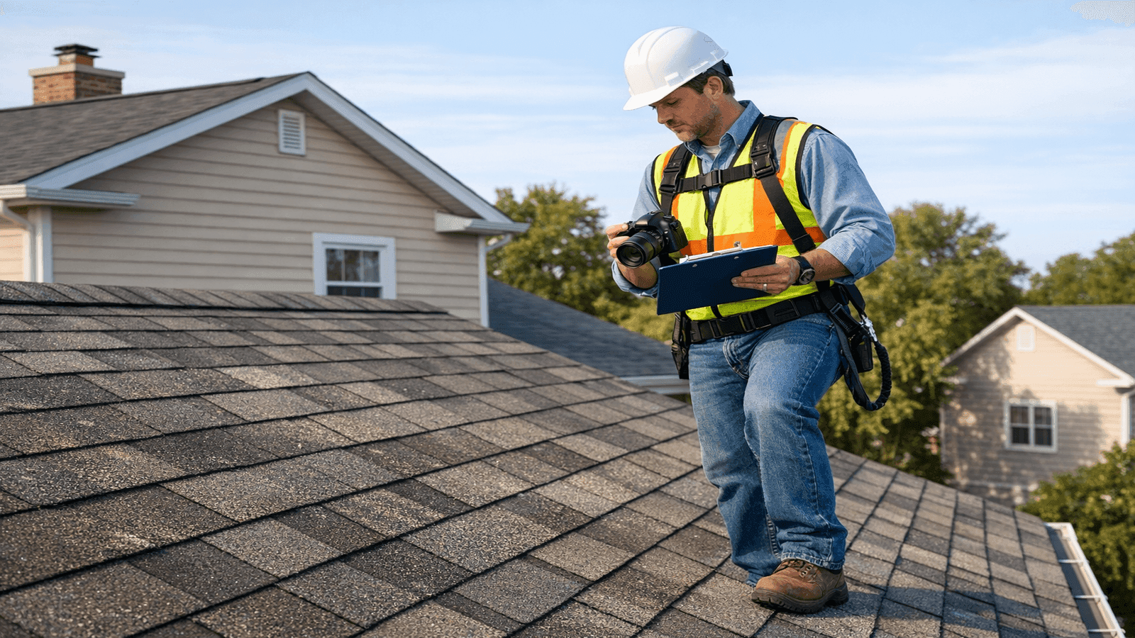 Professional roof inspector on a residential roof with clipboard and camera, documenting shingle condition and wear patterns on an asphalt shingle roof