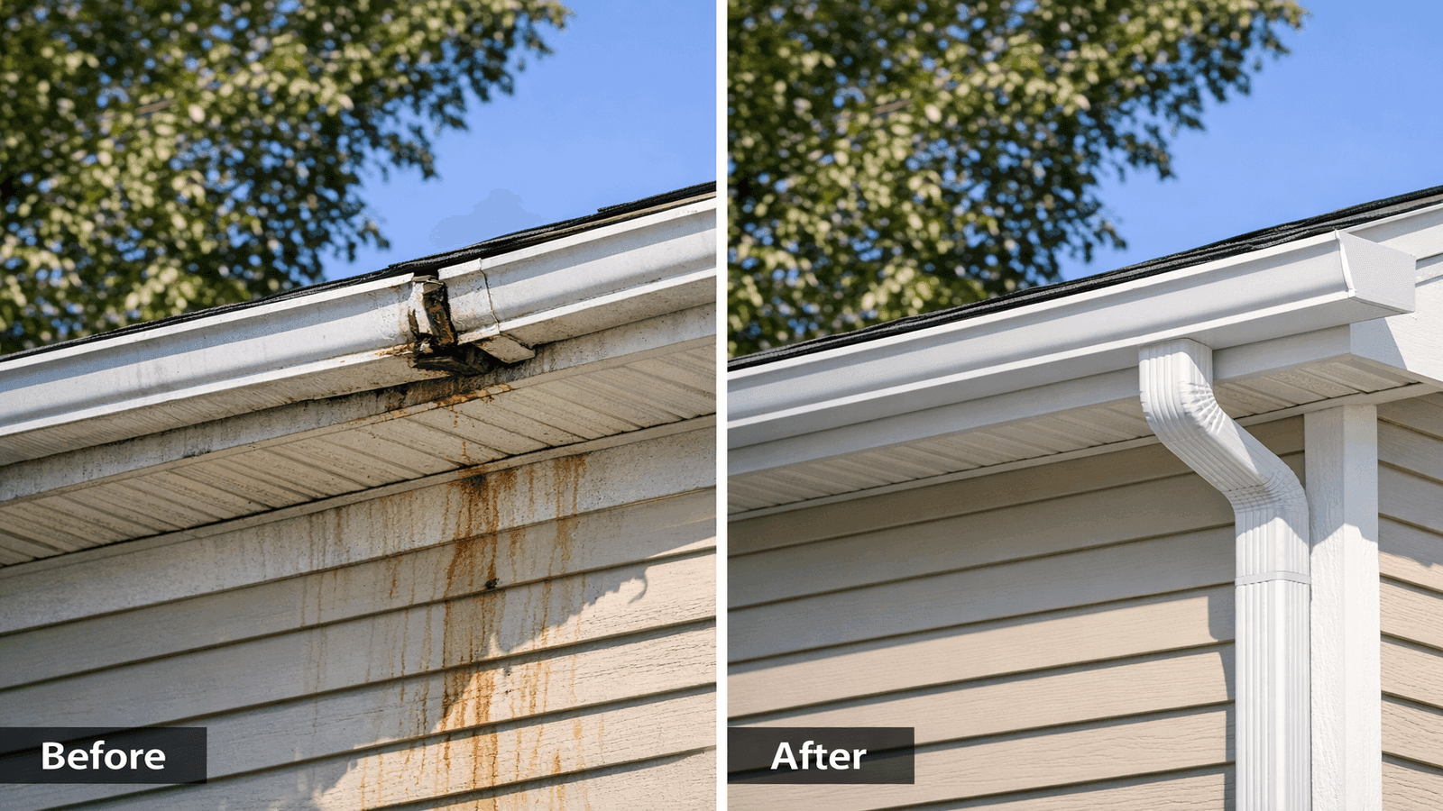 Before-and-after comparison showing severely sagging sectional gutters on left and newly installed seamless aluminum gutters with proper slope on right