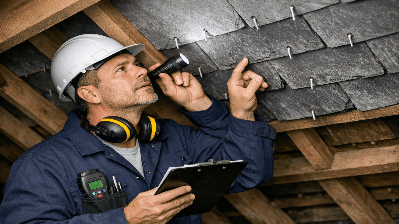 Professional roofer conducting attic inspection of slate roof condition using flashlight to examine individual tile undersides and identify delamination