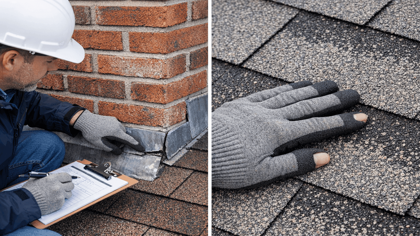 Inspector documenting flashing condition at chimney base on left, and examining granule loss pattern across shingle field on right