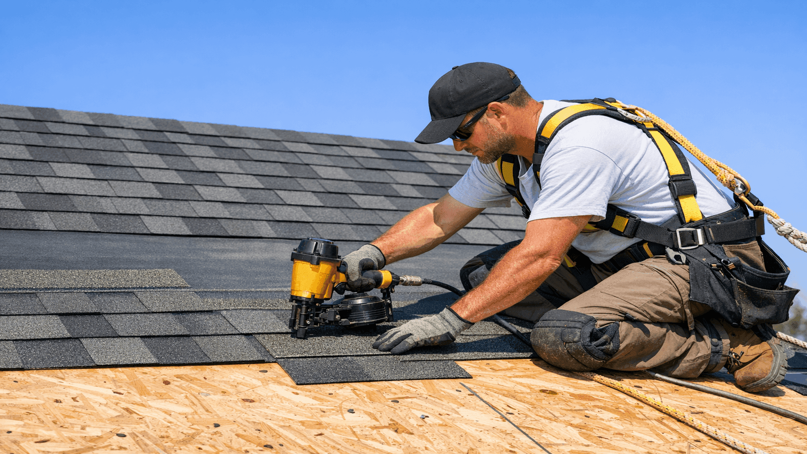 Roofer installing architectural asphalt shingles on a residential roof, showing overlapping shingle courses and nail placement pattern