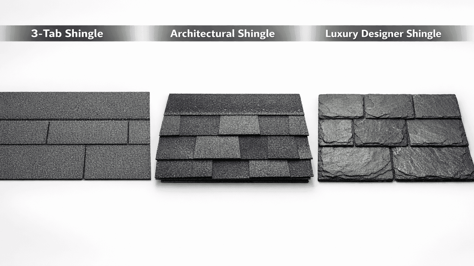 Side-by-side comparison of three asphalt shingle types: flat 3-tab, dimensional architectural, and thick luxury designer shingles