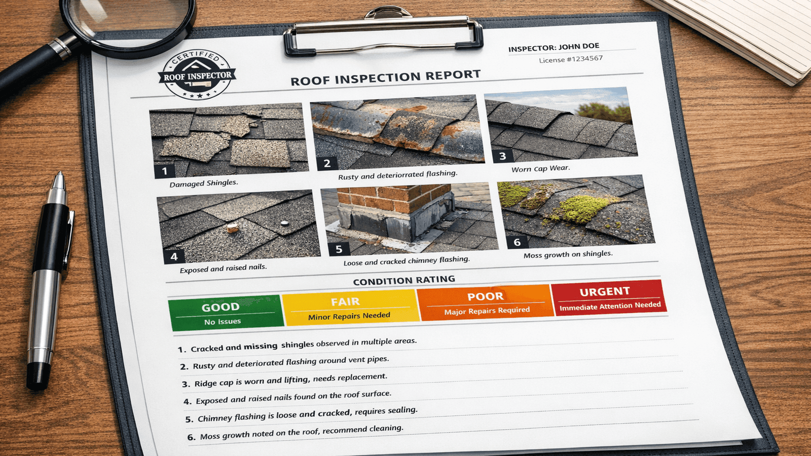 Sample roof inspection report page showing photo documentation grid, condition rating system, and annotated finding descriptions for a residential asphalt shingle roof