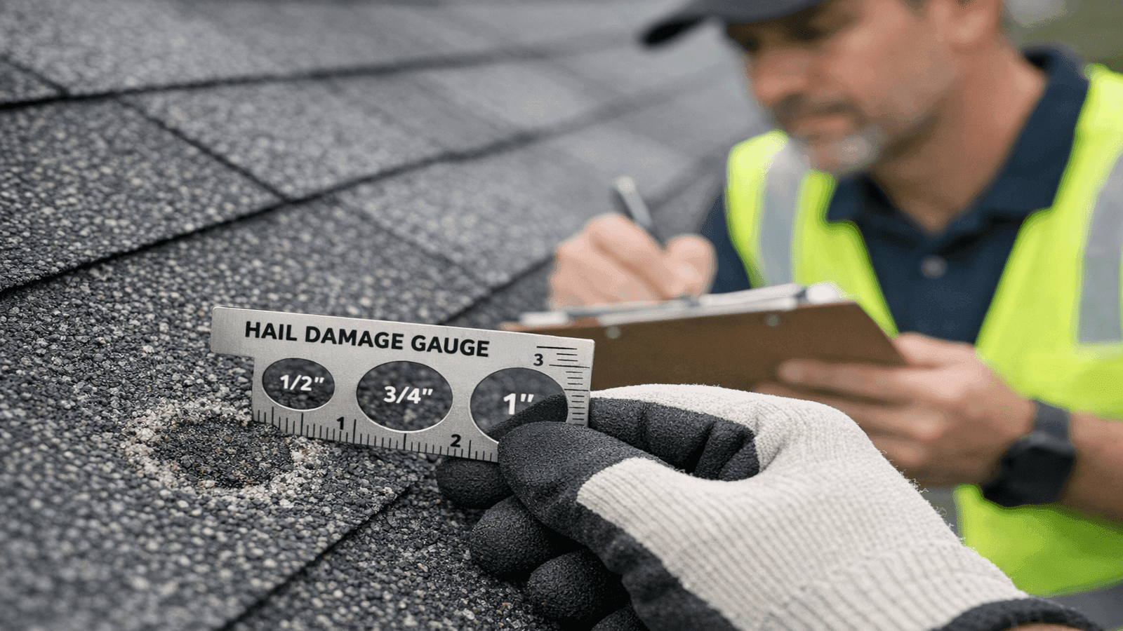 Close-up of roofing inspector's gloved hand examining hail impact marks on asphalt shingles with measuring tool, storm damage assessment in progress