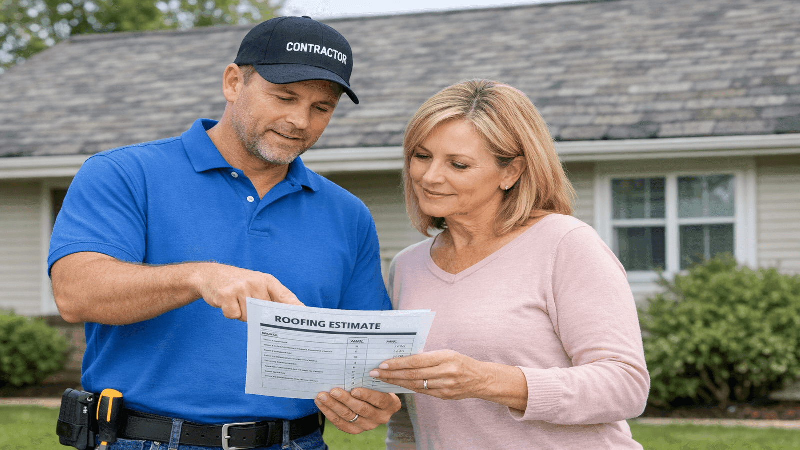 Roofing contractor reviewing itemized estimate with homeowner outside their home, roof visible in background showing aged asphalt shingles