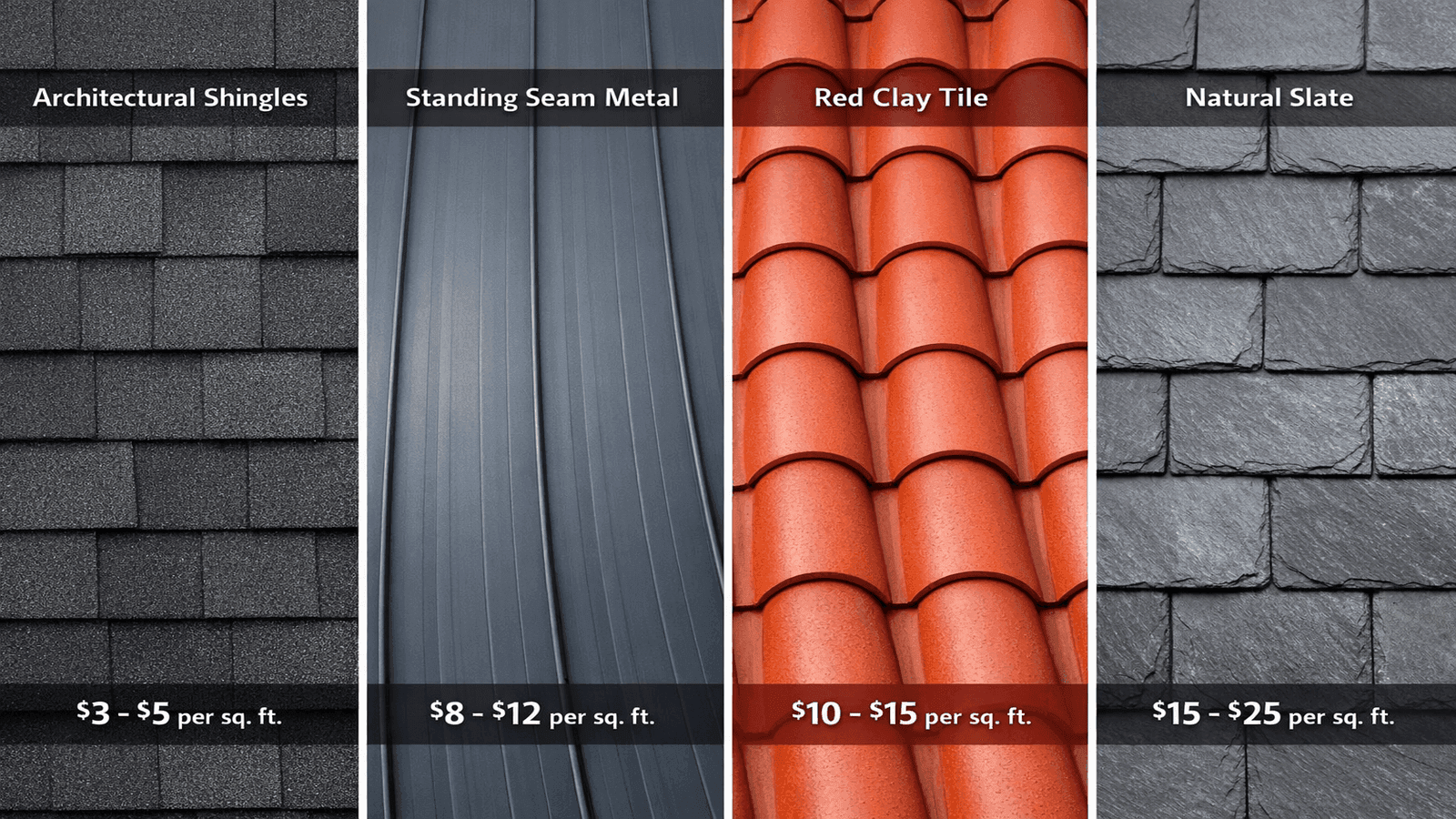 Side-by-side sections of asphalt shingle, standing-seam metal, clay tile, and natural slate roofing panels showing texture and color differences