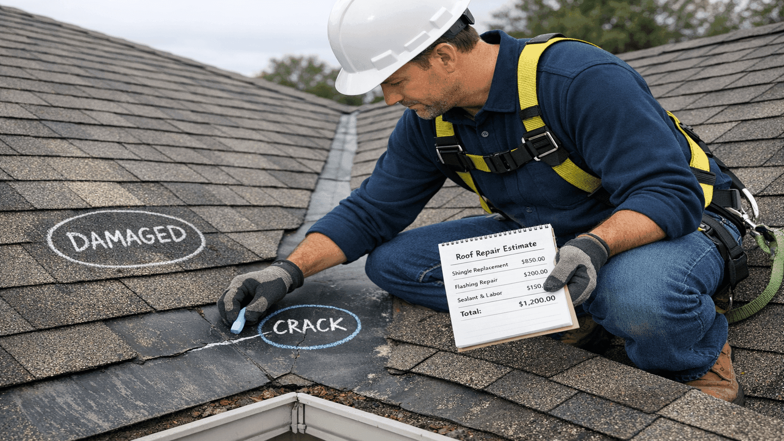 Roofing contractor on a residential roof in safety harness marking damaged shingles and flashing with chalk near the valley area