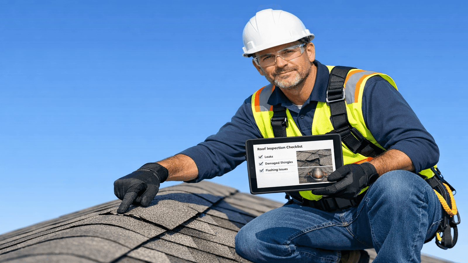 Roofing professional conducting inspection on a residential roof, holding a tablet with inspection checklist, photographing ridge cap damage