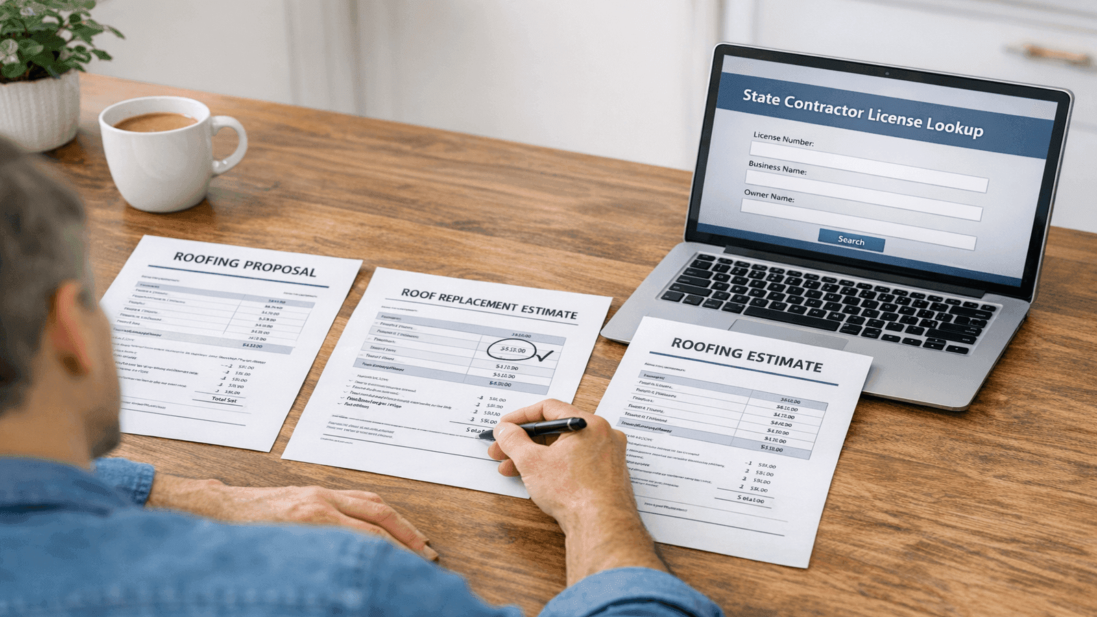 Homeowner at kitchen table comparing three contractor roofing quotes spread out side by side, laptop open to state contractor license lookup website