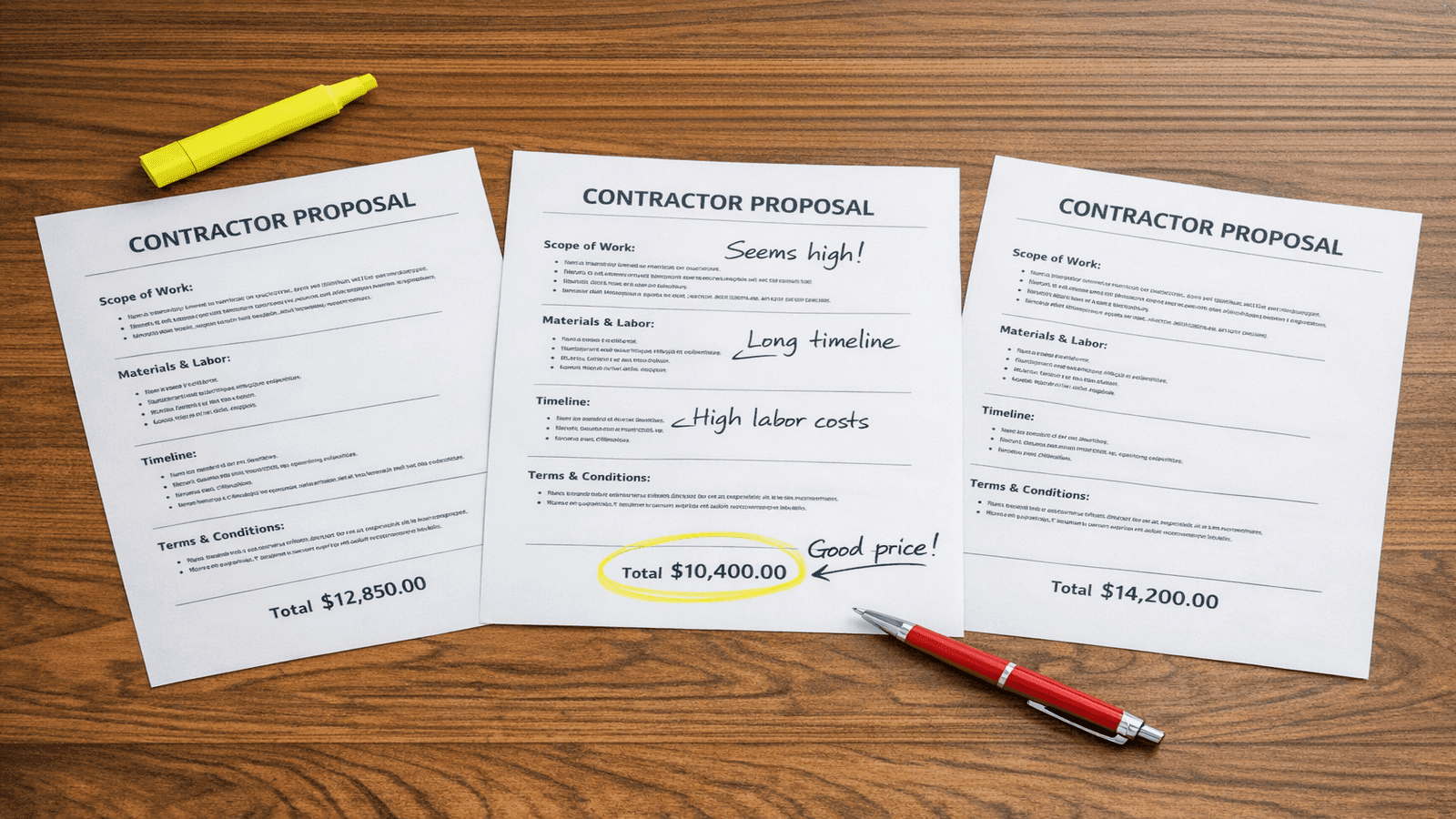 Three contractor proposal documents spread on a kitchen table with handwritten comparison notes, one document circled as the selected bid