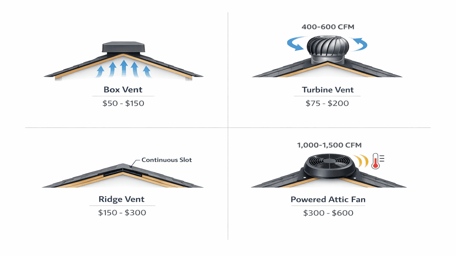 Comparison diagram of four roof vent types showing box vent, turbine vent, ridge vent, and powered attic fan with airflow arrows and CFM ratings