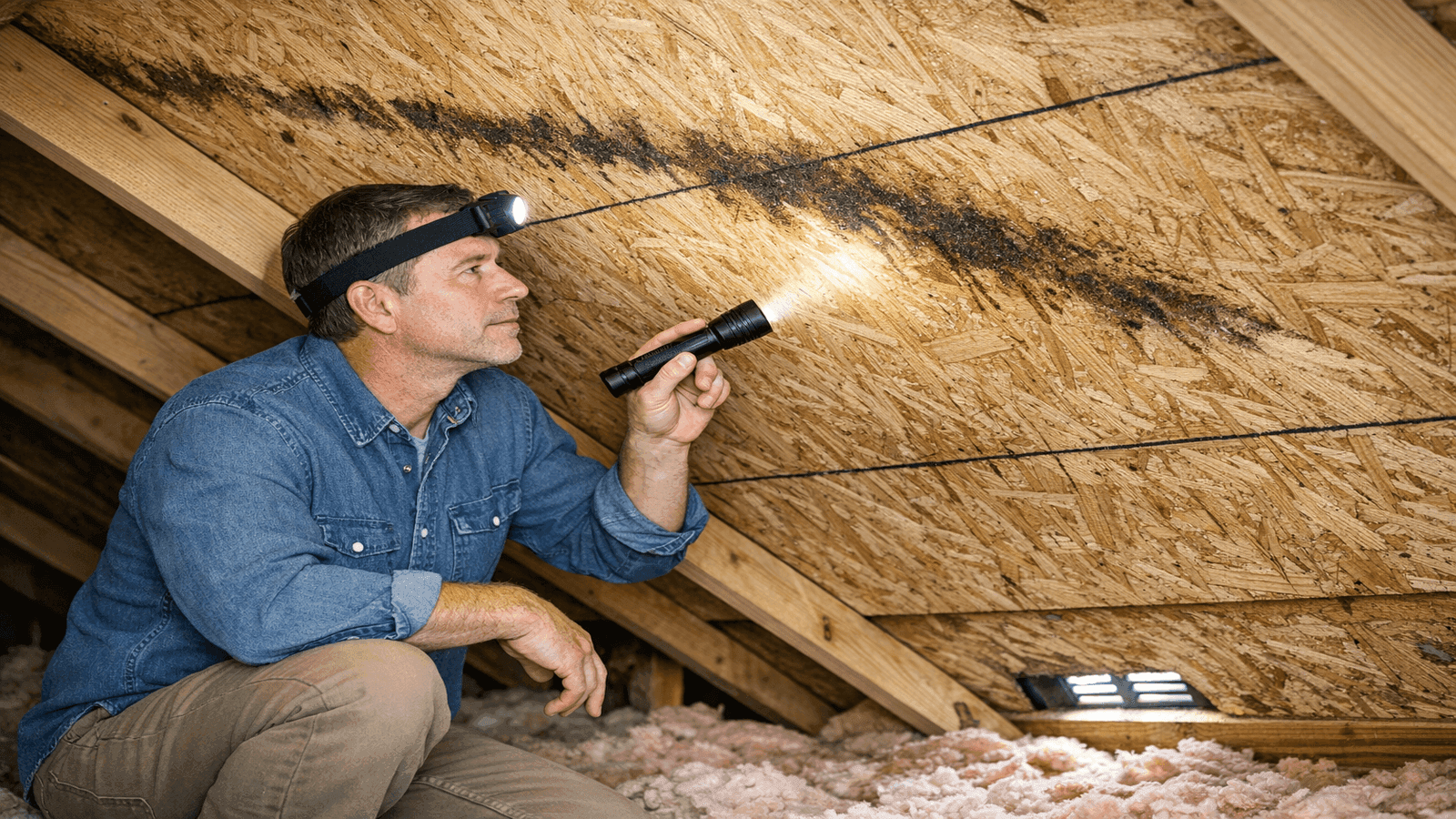 Homeowner with headlamp inspecting darkened moisture stain on OSB decking in residential attic to trace source of roof leak