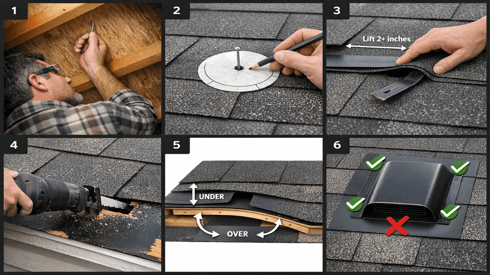 Six-step installation diagram for box roof vent showing attic nail marking, template tracing, shingle lifting, deck cutting, correct flange positioning, and proper nailing pattern with red X on lower edge