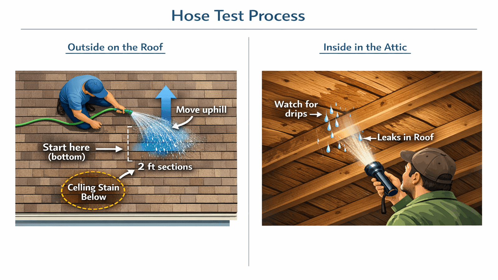 Diagram showing two-person hose test for roof leak detection with one person soaking sections from the bottom up on the roof and a partner watching from inside the attic