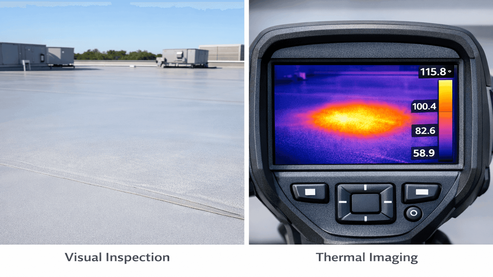 Side-by-side comparison showing a visually normal flat roof membrane on the left and the same area captured by thermal imaging camera revealing a bright hotspot of trapped moisture on the right