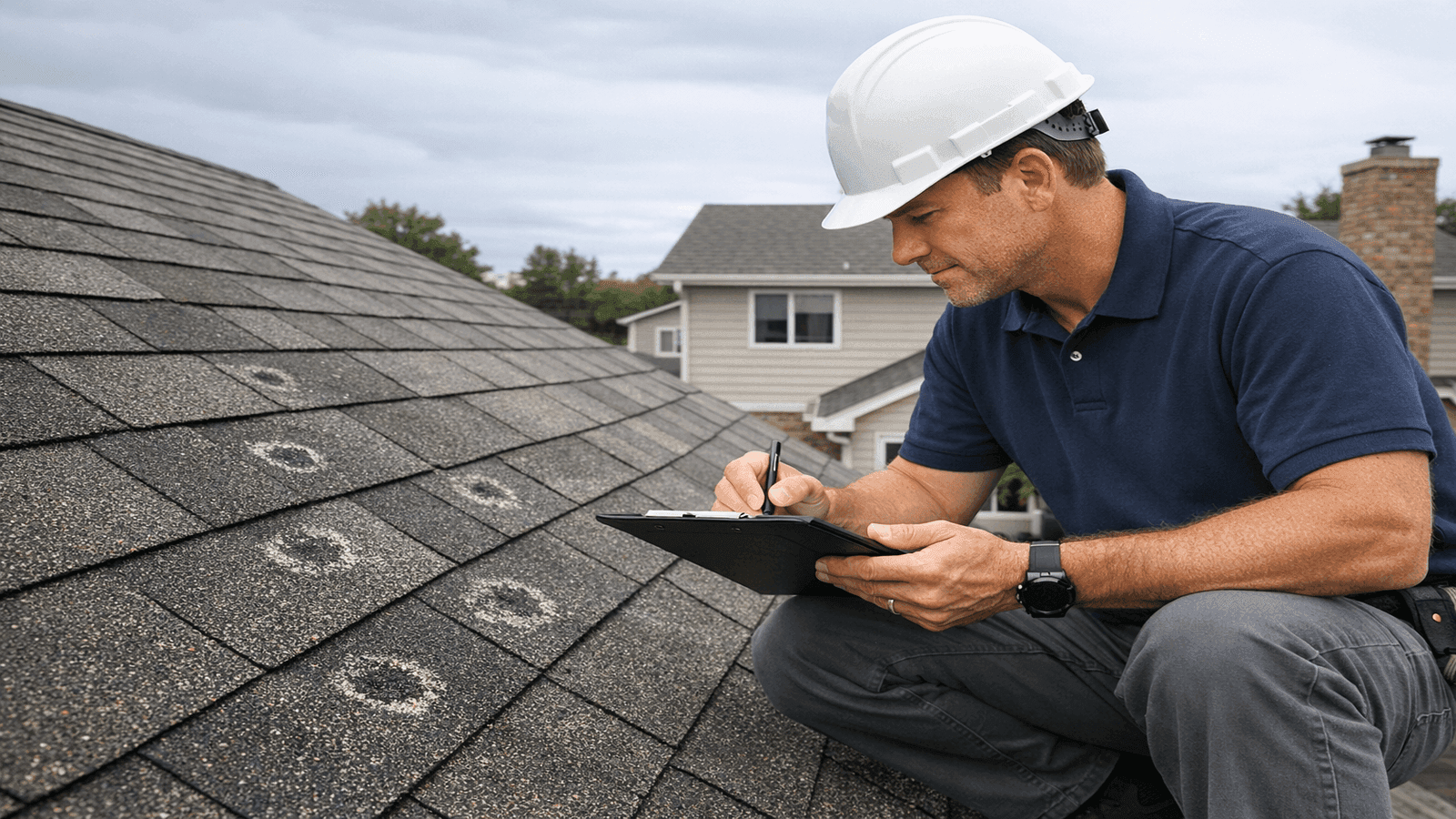 storm-damaged-roof-with-insurance-adjuster-inspection