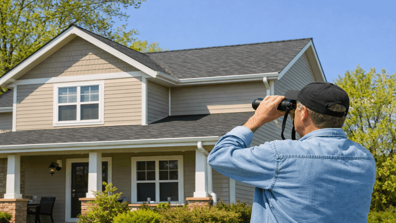 Homeowner performing ground-level spring roof inspection with binoculars on suburban home with asphalt shingles