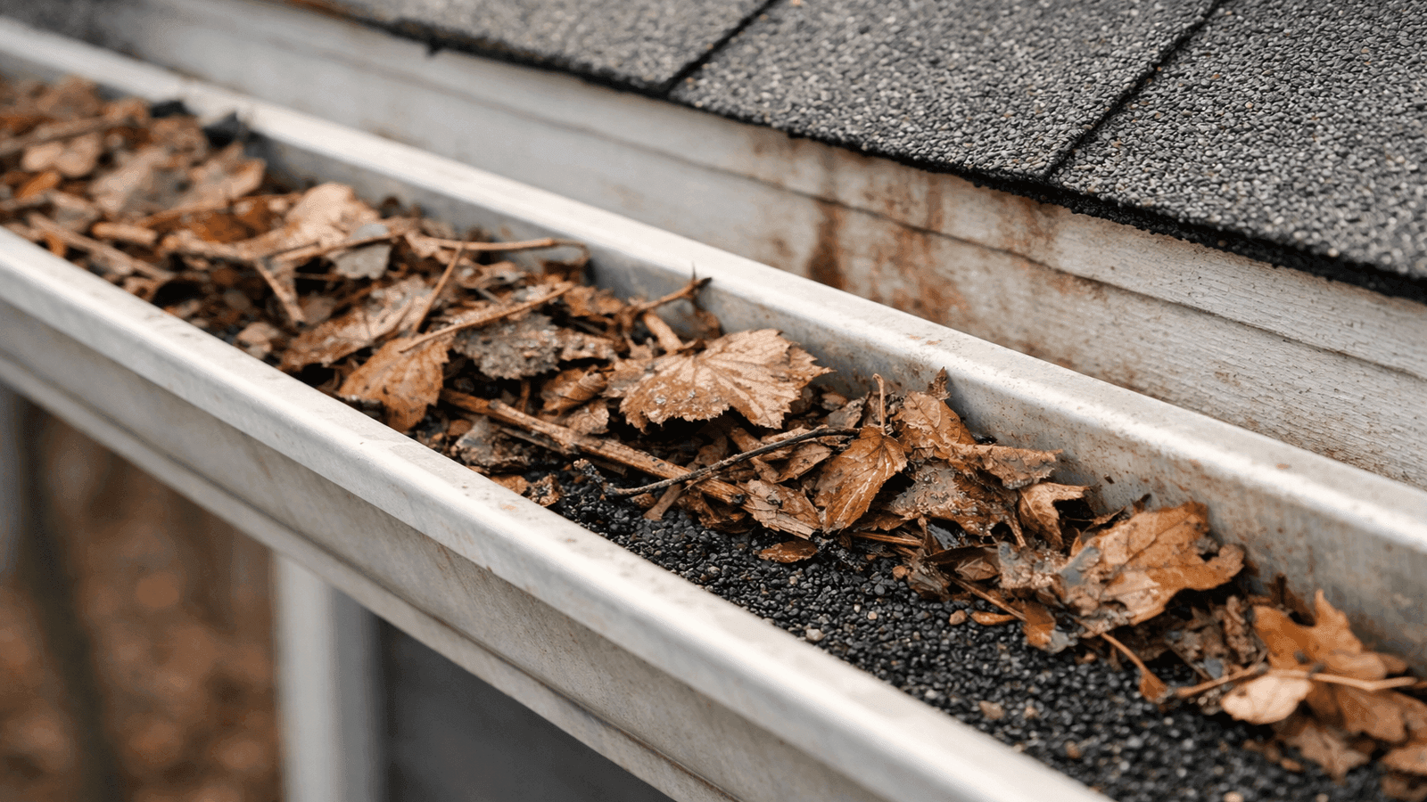 Close-up of residential gutter filled with winter debris and granule accumulation from deteriorating asphalt shingles