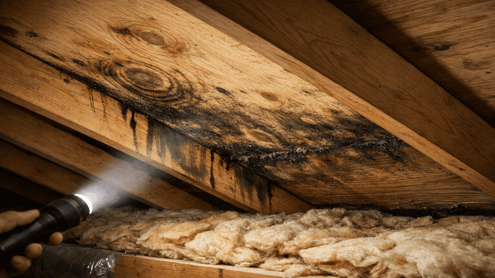 Attic interior showing water staining on roof decking and rafters near eave edge indicating winter moisture intrusion from ice dam activity