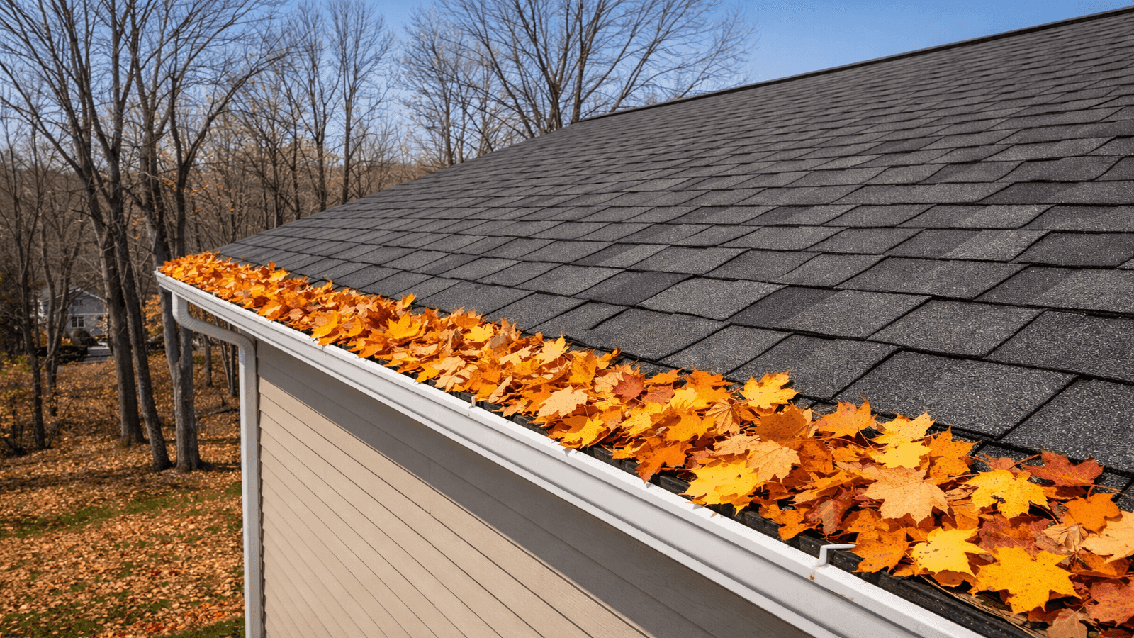 Aerial view of a residential roof in fall with orange and yellow leaves collecting in gutters along the eaves, surrounded by bare deciduous trees