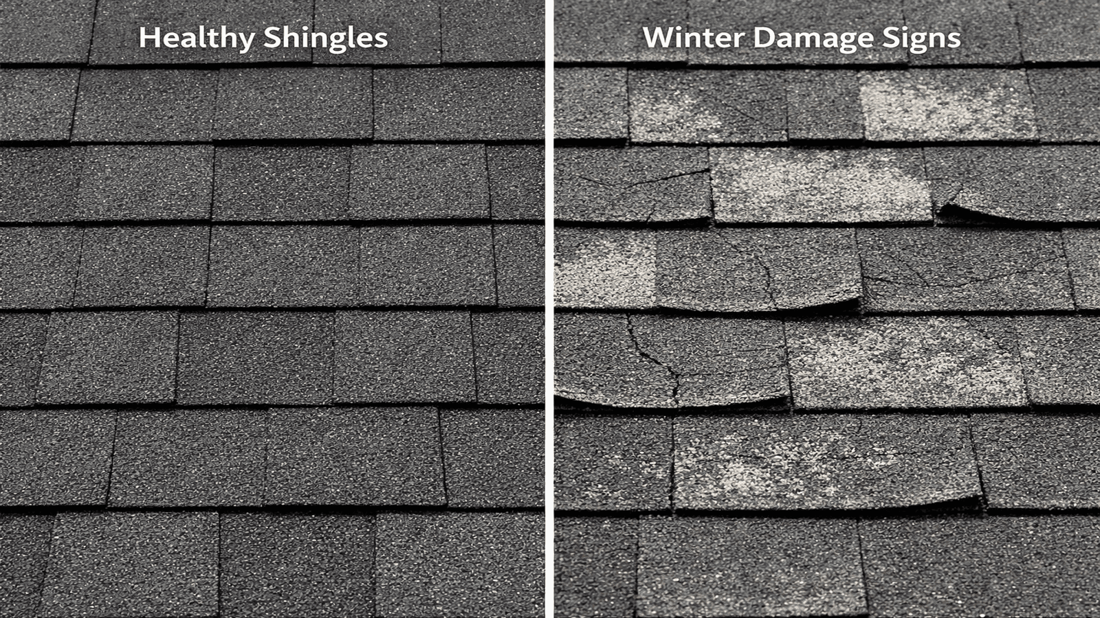 Side-by-side comparison showing healthy asphalt shingles on left versus winter-damaged shingles with curling edges and granule loss on right
