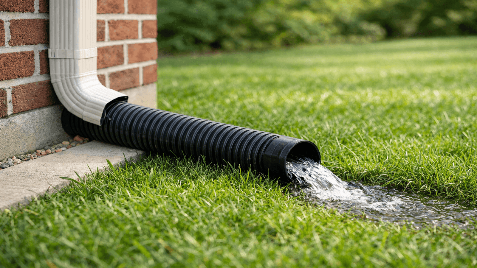 Downspout extension directing water away from a home's foundation on a green lawn