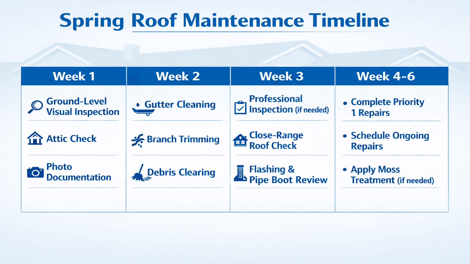 Spring roof maintenance four-week timeline infographic showing inspection, gutter cleaning, professional review, and repair sequence from late March through May