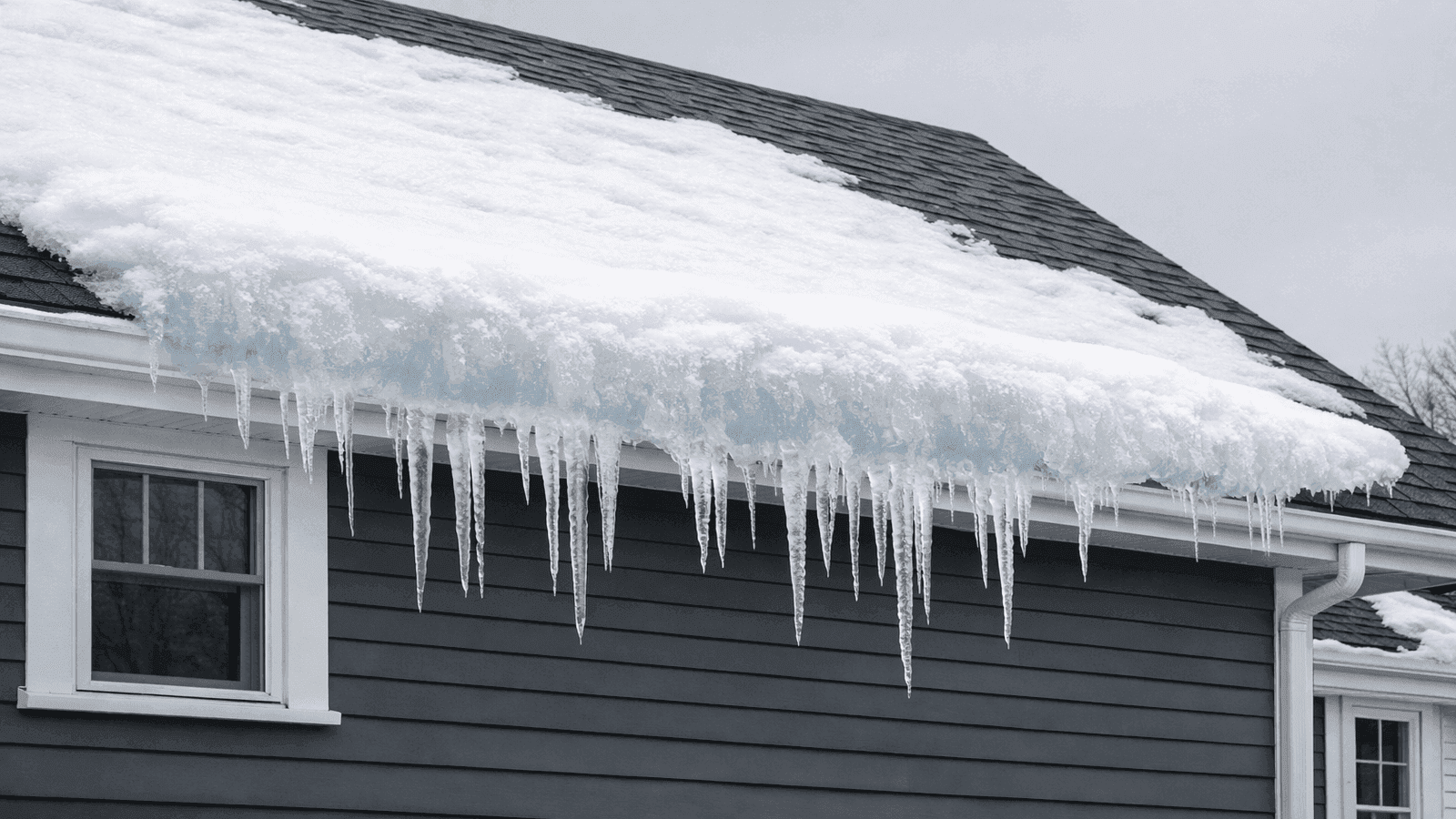 Large ice dam formation at the eave of a residential roof with thick ice ridge and icicles hanging from the gutter in winter