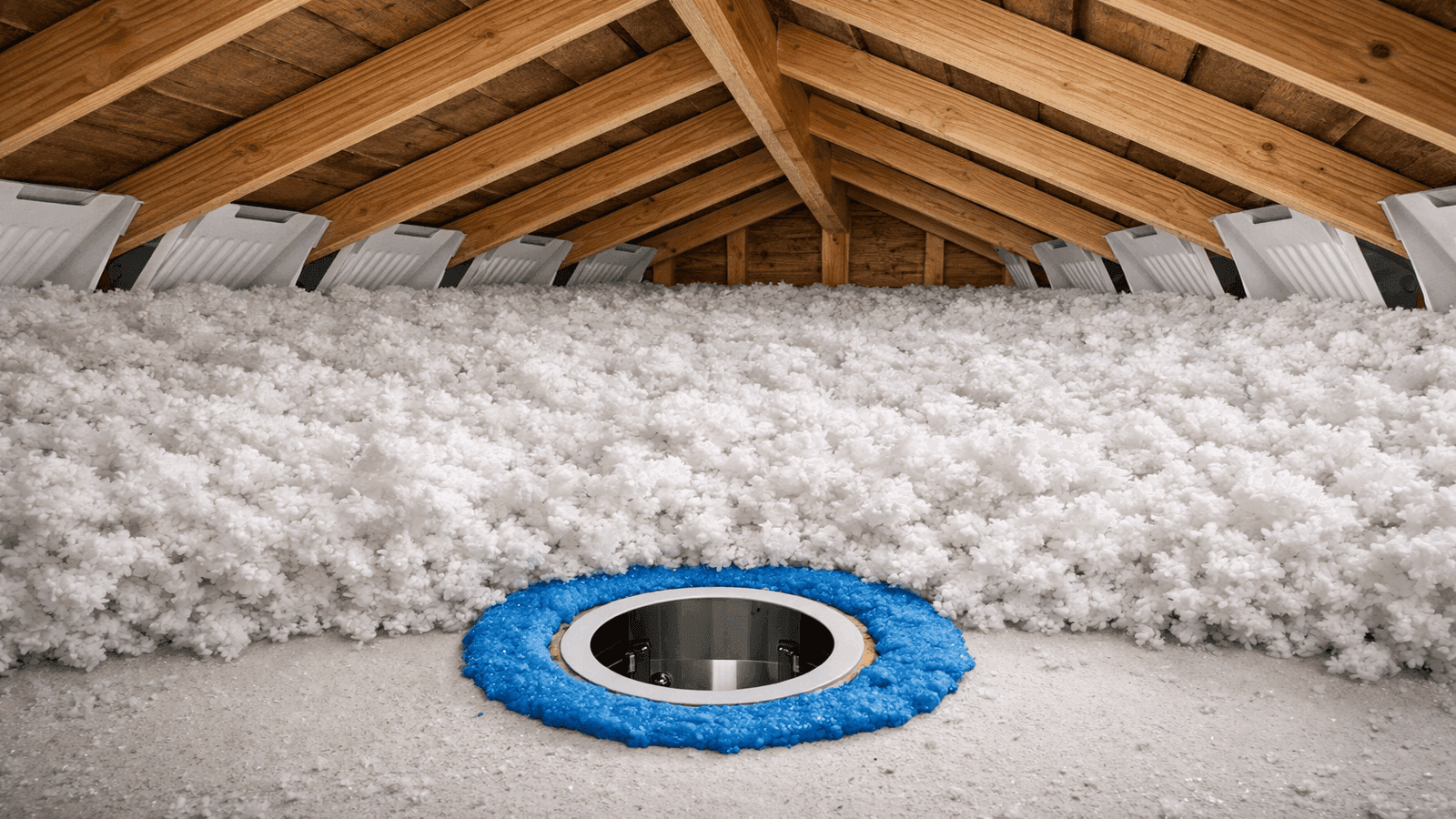 Attic interior showing deep blown-in insulation with foam baffle channels at eaves and air sealing around a recessed light fixture