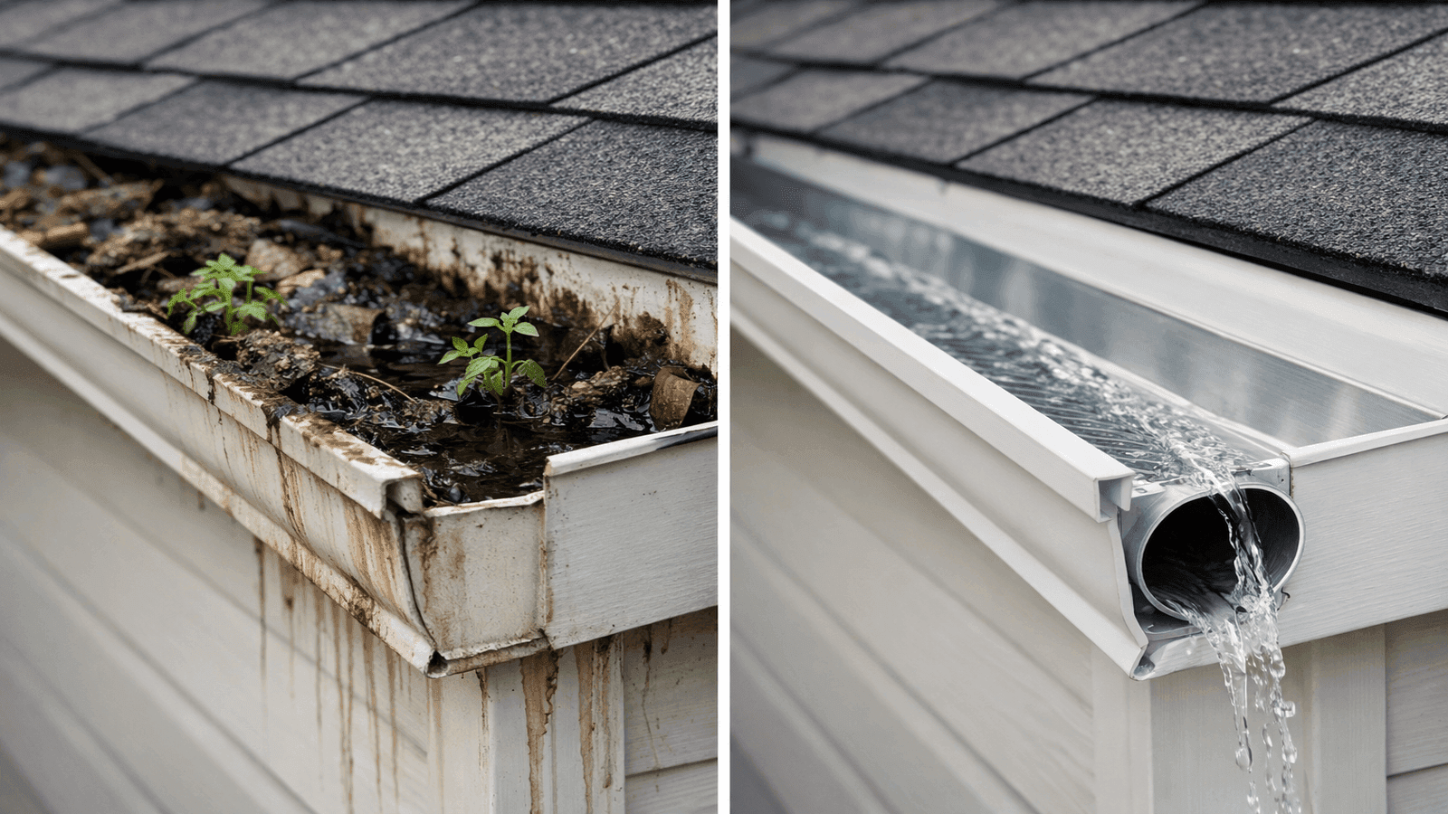Side-by-side comparison of a clogged gutter with standing water and a clean properly sloped gutter