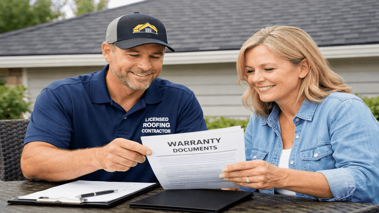 A licensed roofing contractor reviews warranty documents with a homeowner at a residential job site in Texas