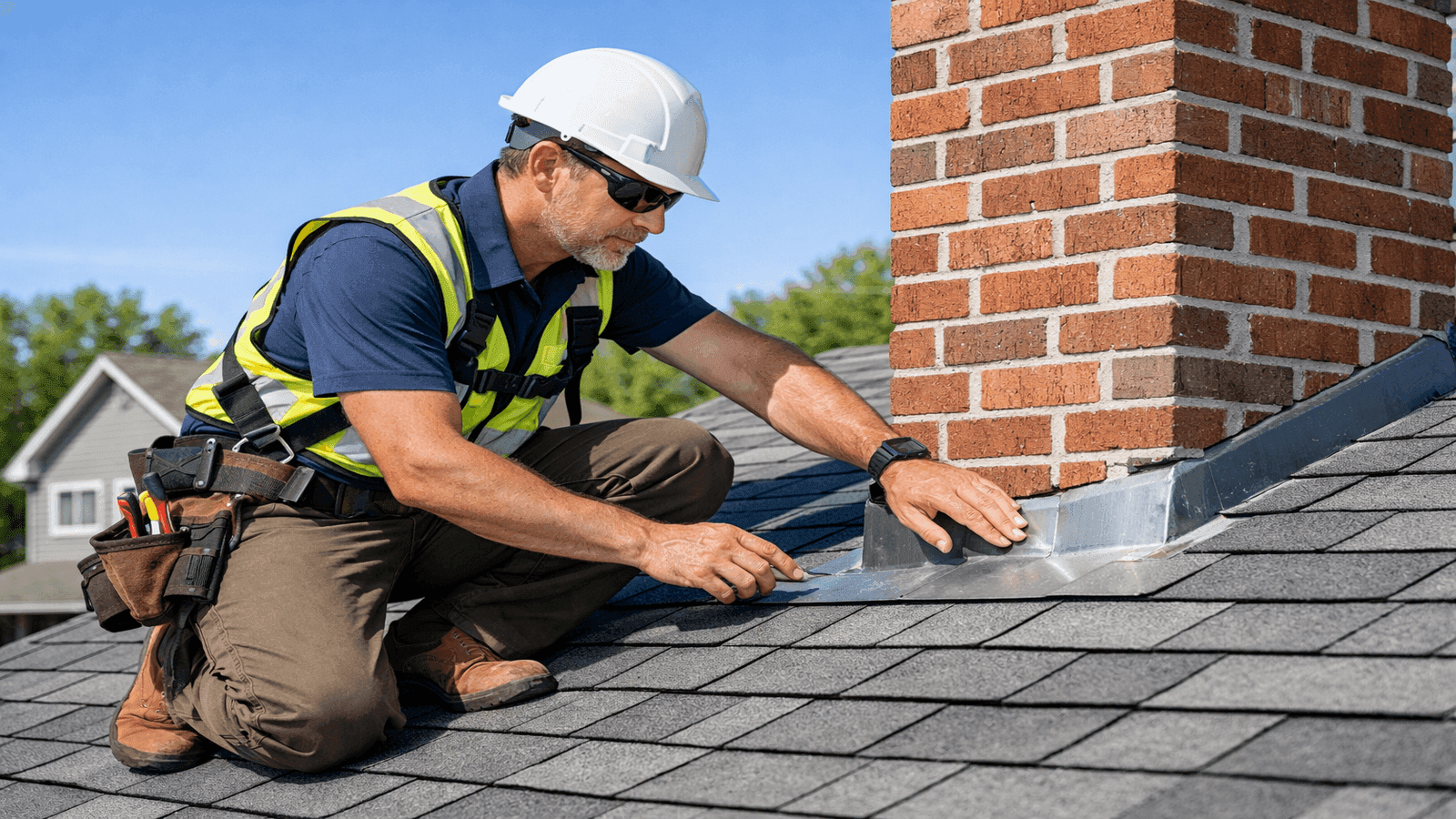 Licensed roofing contractor in safety gear inspecting shingles and chimney flashing on a residential roof during a spring maintenance inspection