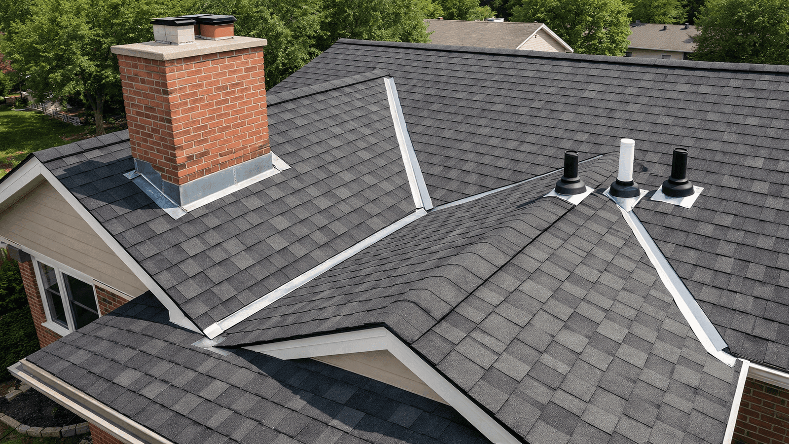 Aerial view of residential roof showing metal flashing at chimney base, valley, and pipe penetrations