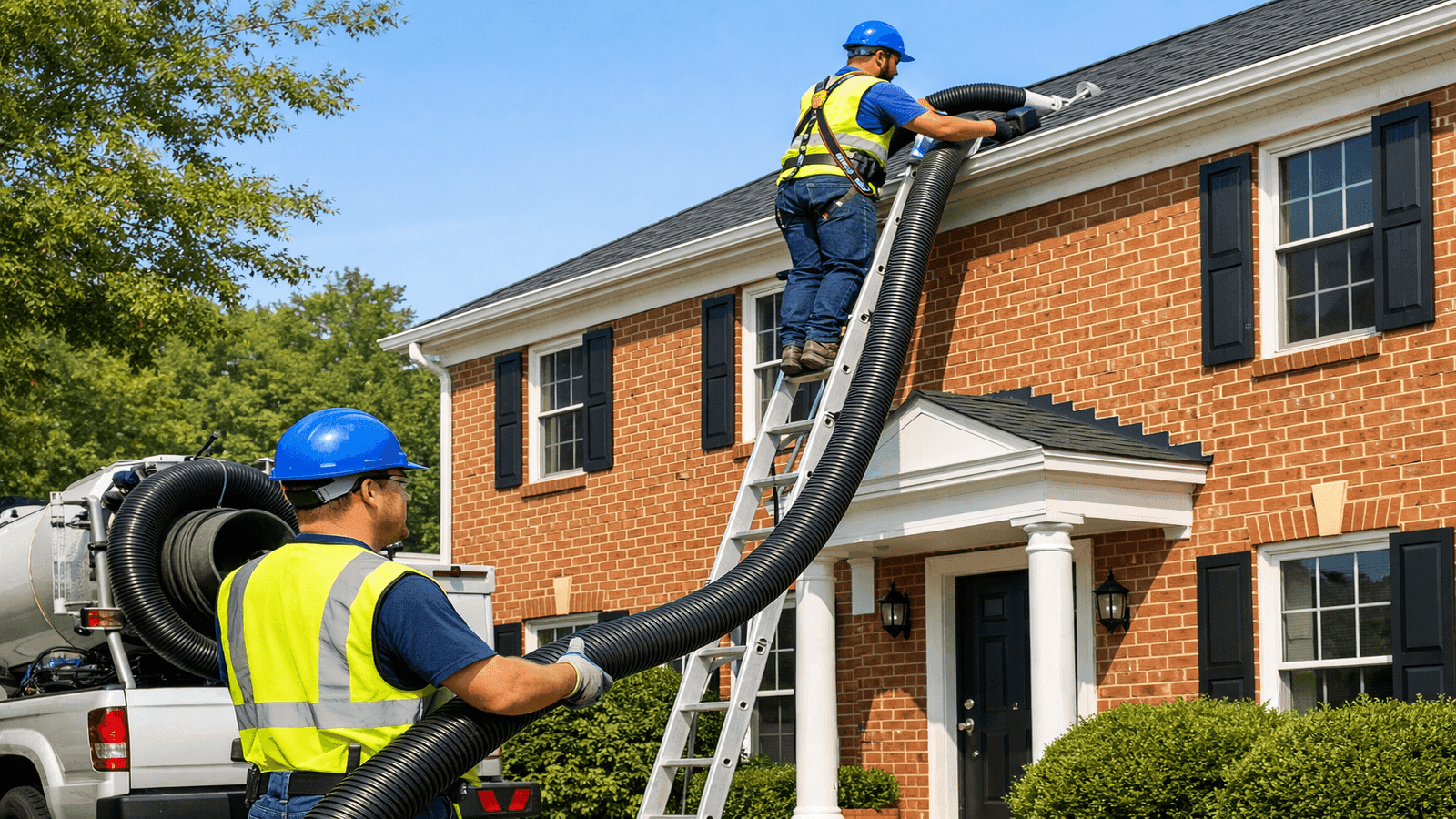 Professional gutter cleaning crew using safety harnesses and truck-mounted vacuum on a two-story brick home