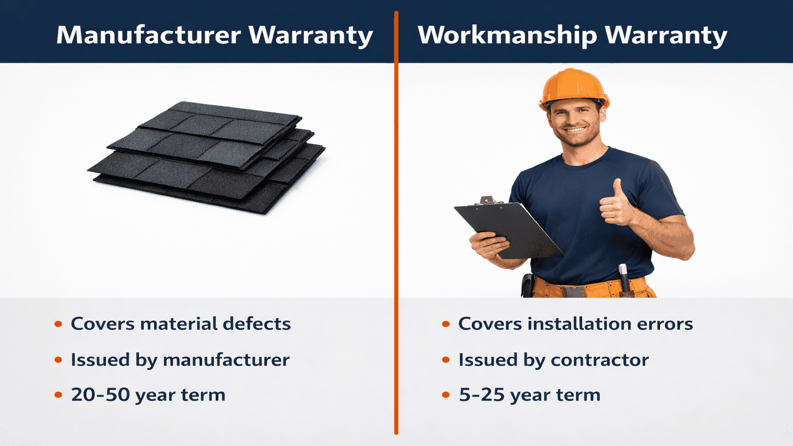 Infographic comparing manufacturer roofing warranty coverage versus contractor workmanship warranty coverage