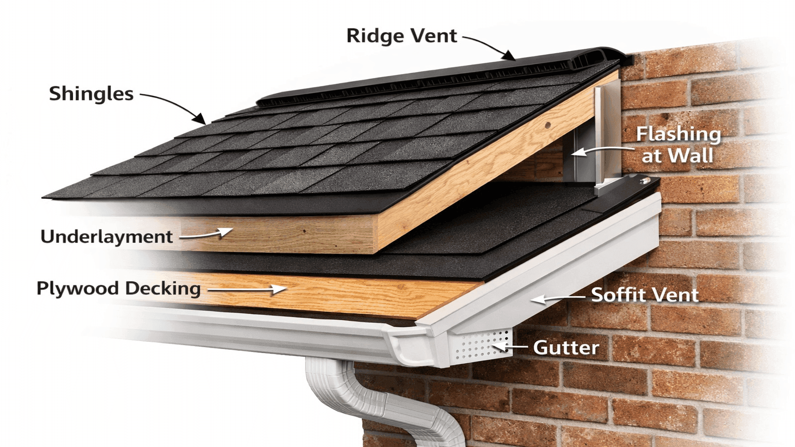 Labeled diagram showing the layers of a residential roof system including shingles, underlayment, decking, flashing, ridge vent, and gutters