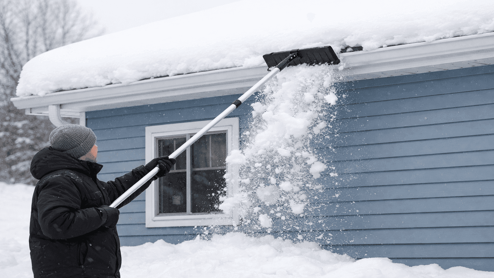 Homeowner standing on the ground safely using a long-handled roof rake to pull snow off the lower eave of a residential roof in winter