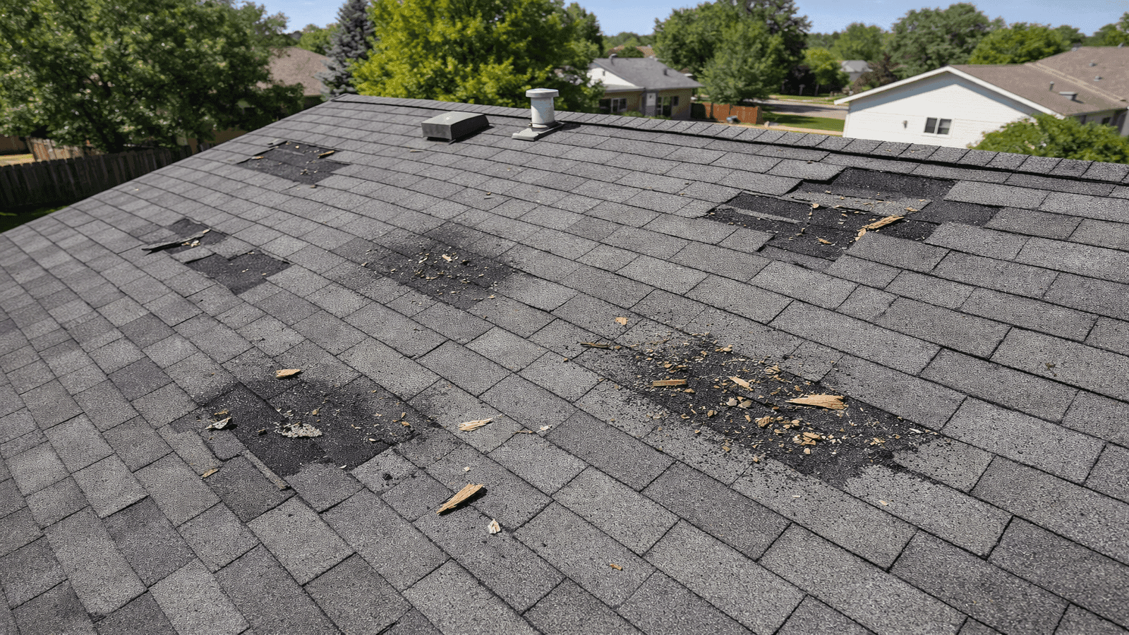 Aerial view of a residential asphalt shingle roof showing storm damage including missing shingles and granule loss after a severe hailstorm