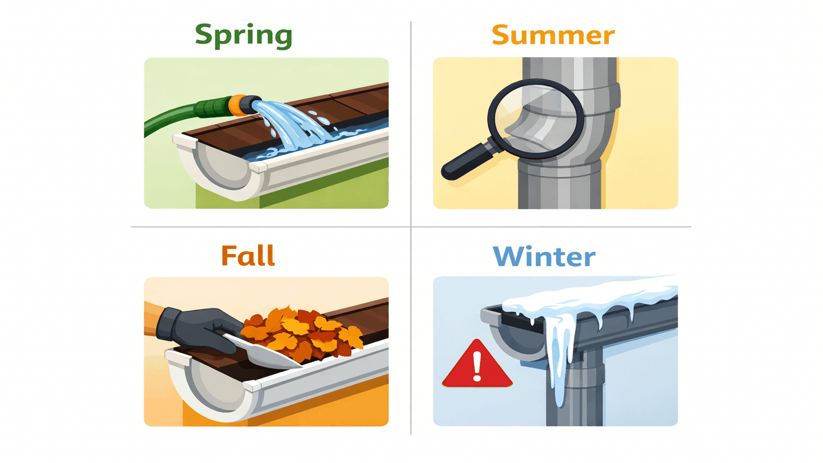 Four-panel seasonal gutter maintenance checklist showing tasks for spring, summer, fall, and winter