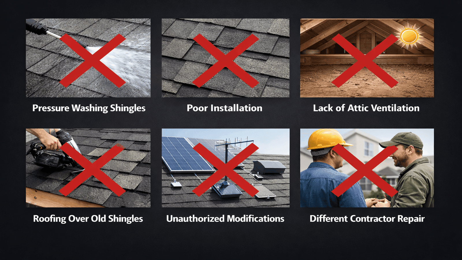 Illustrated checklist of six common actions that void a roofing warranty including pressure washing and improper installation