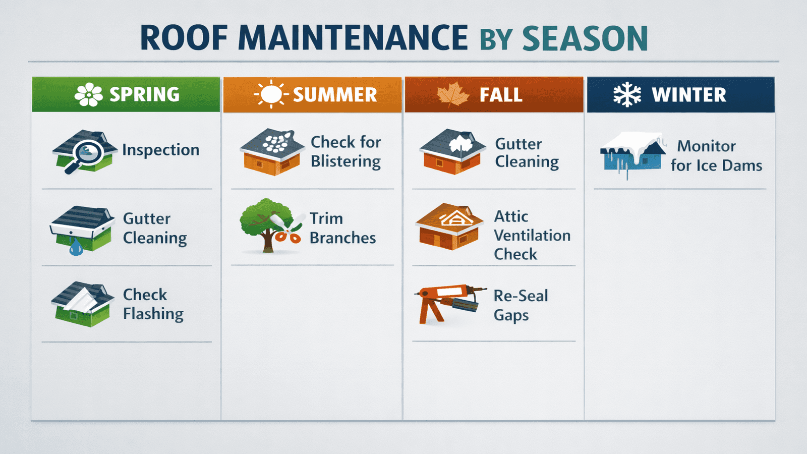 Seasonal roof maintenance calendar showing spring inspection, summer monitoring, fall gutter cleaning and sealing, and winter ice dam monitoring tasks
